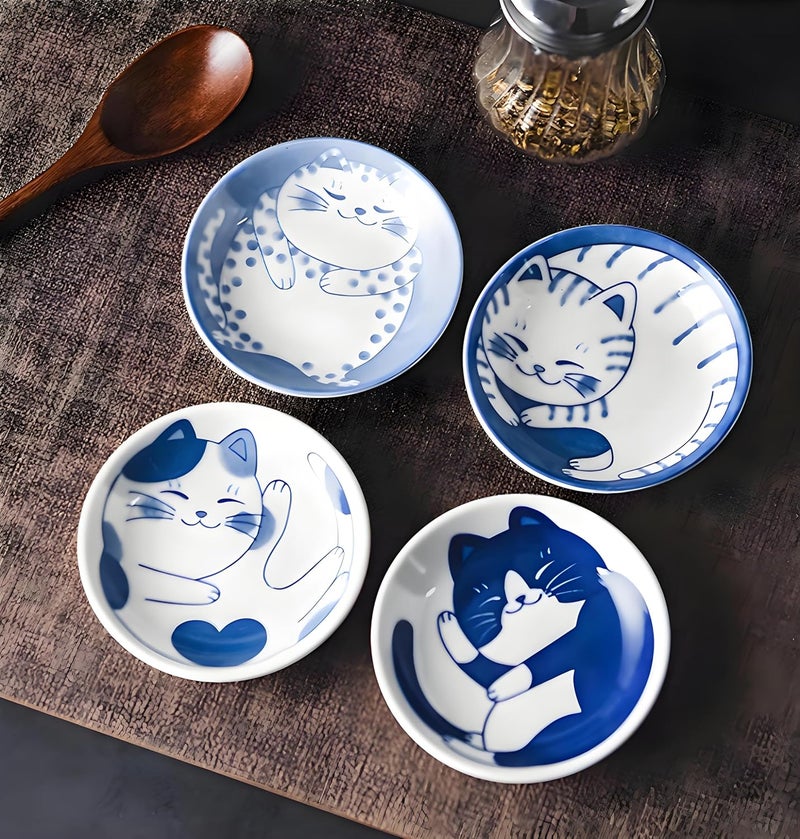 Sisims Japanese Cute Cat soy sauce Plates,Japanese soy sauce plates,Ceramic Dipping bowls for Appetizer Dessert Sushi Sauce 3.94 x 0.8 Inches Set of 4 - Image 3